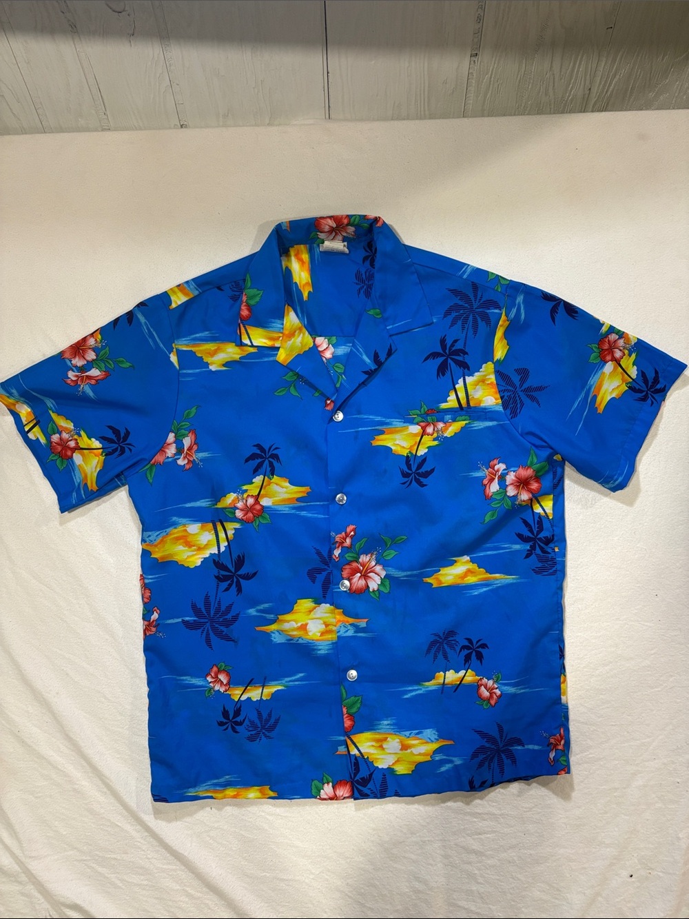 Ti’a Made in Hawaii Royal Blue Tropical Sunset Hibiscus Print Shirt - Men's L